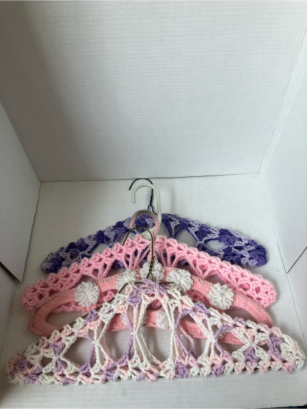 Vintage Handmade Crochet Hangers in Pastel Pink, Lavender, Purple, White (4)